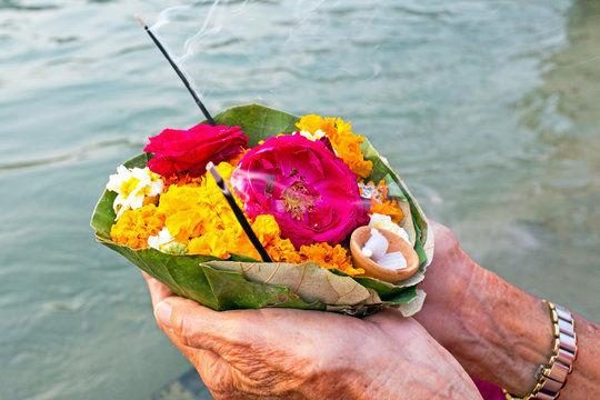 Offerings offered to God in the Ganga river